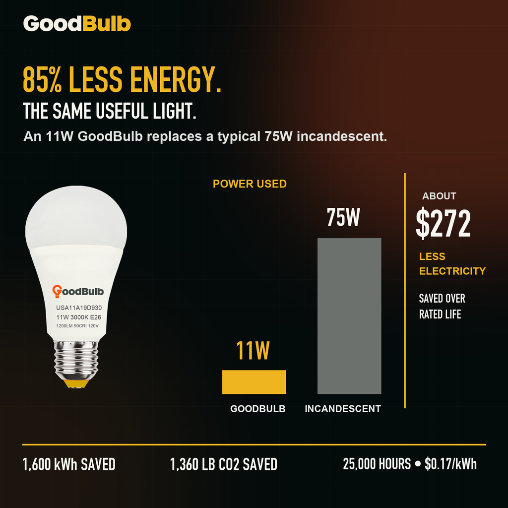 GoodBulb Warm White 3000K A19 LED bulb, made in USA, Fargo North Dakota