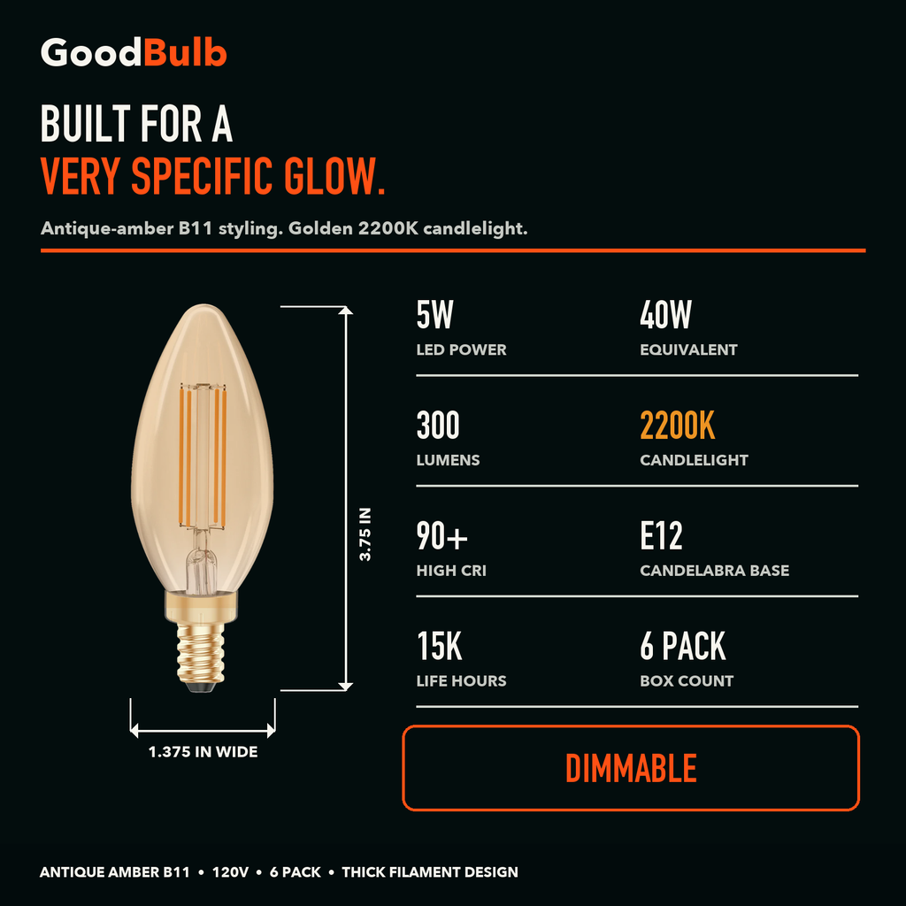 B11 Torpedo E12 Candelabra, Amber LED filament bulb, amber glass, E12 Candelabra, dimmable vintage Edison style, 90 CRI