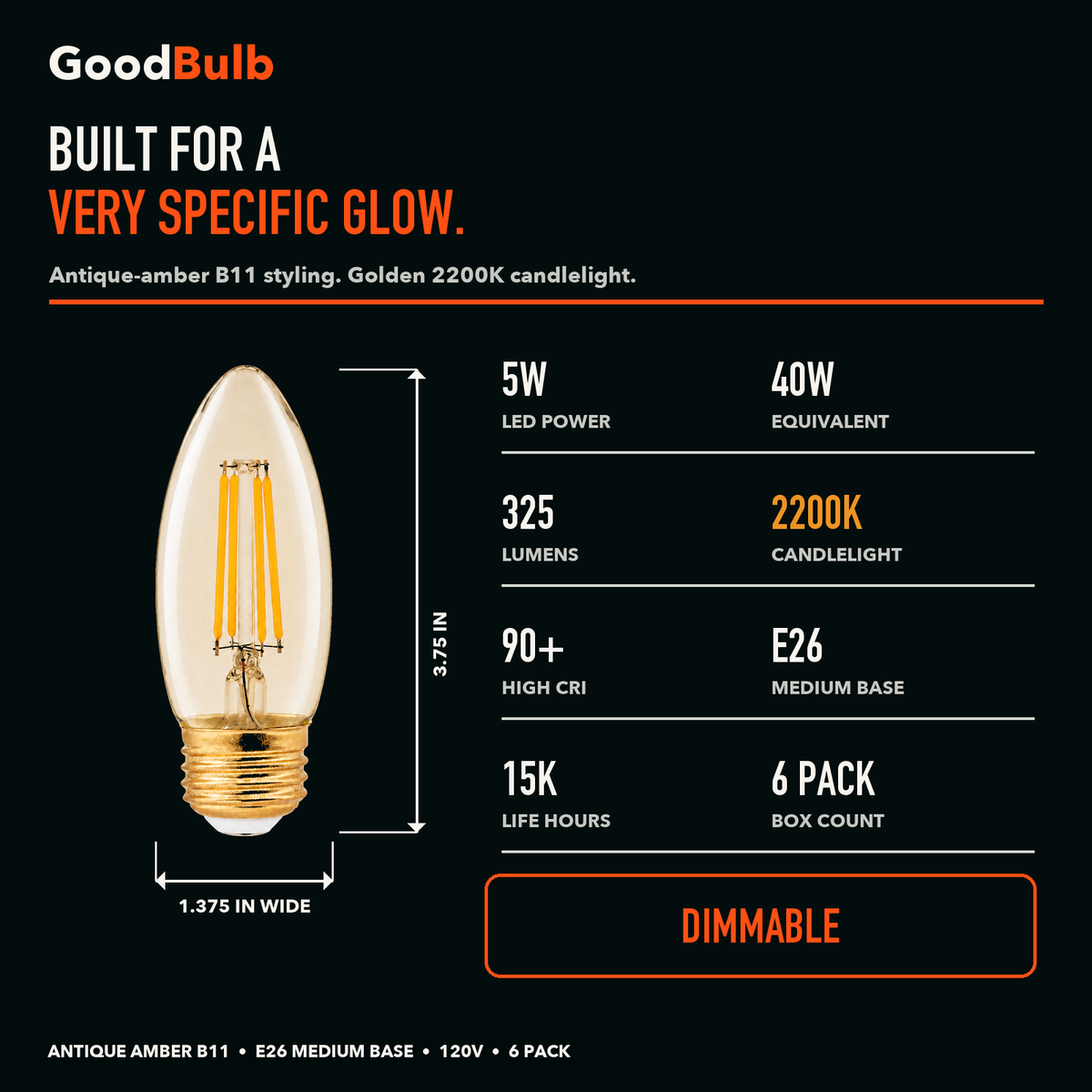 B11 Torpedo E26 Medium, Amber LED filament bulb, amber glass, E26 Medium, dimmable vintage Edison style, 90 CRI