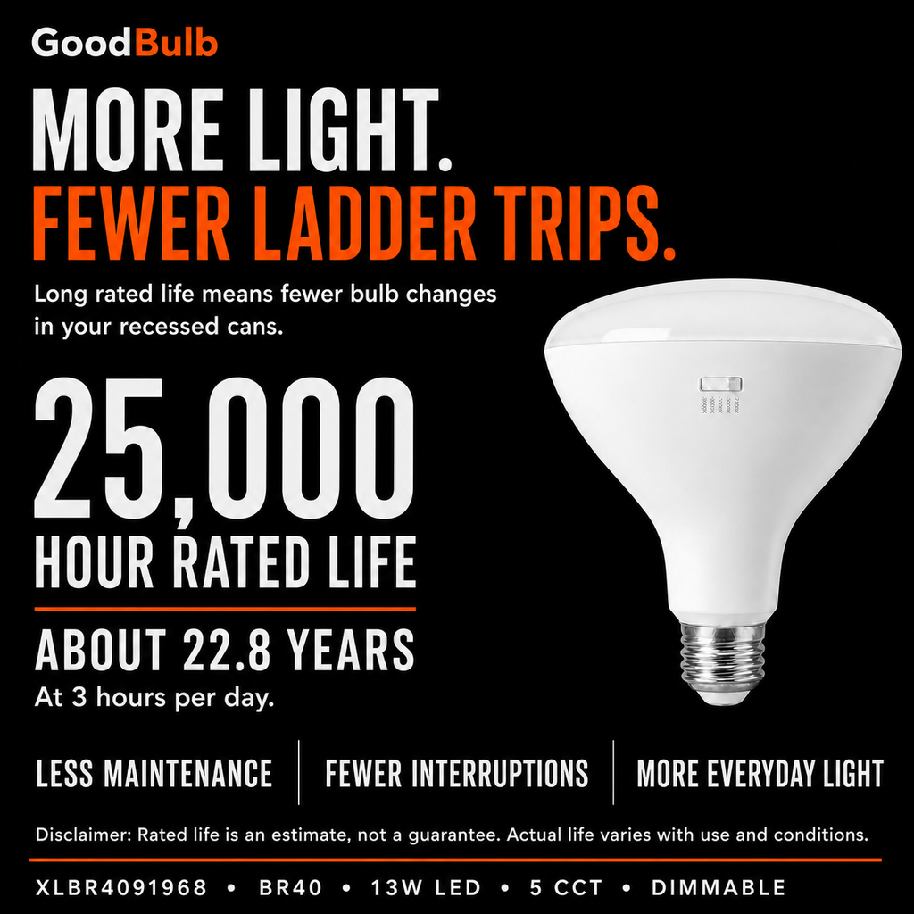 BR40 Large Reflector LED reflector bulb, BR40, Selectable 2700K–5000K, 90+ CRI, dimmable, for recessed cans