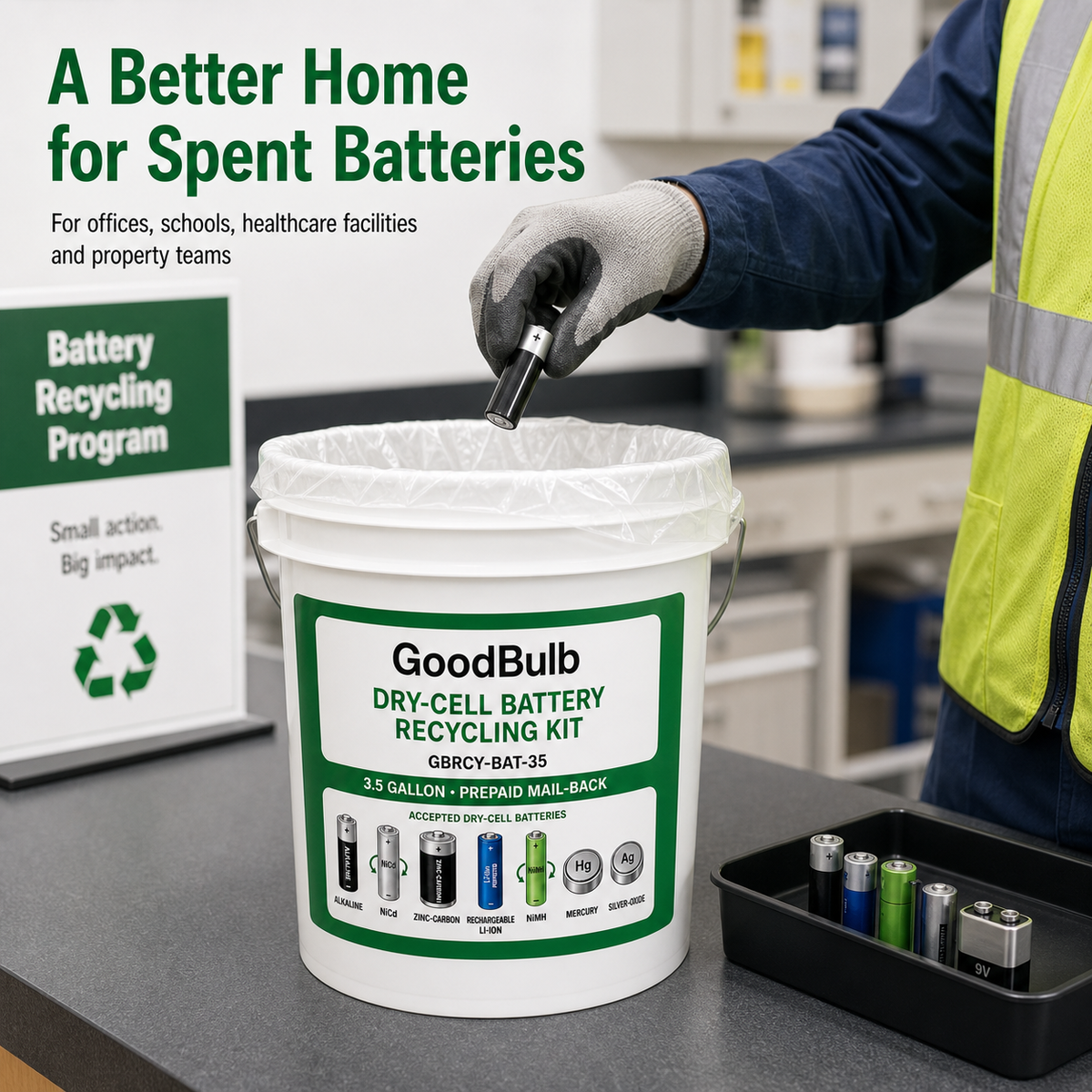 Dry-Cell Battery Kit 3.5-Gallon prepaid mail-back recycling kit, alkaline · nicad · nimh · li-ion, certificate of recycling