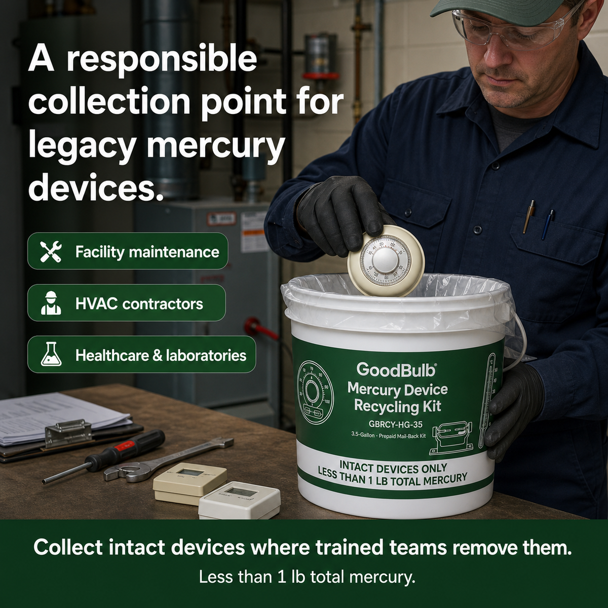 Mercury Device Kit 3.5-Gallon prepaid mail-back recycling kit, thermostats · switches · medical, certificate of recycling