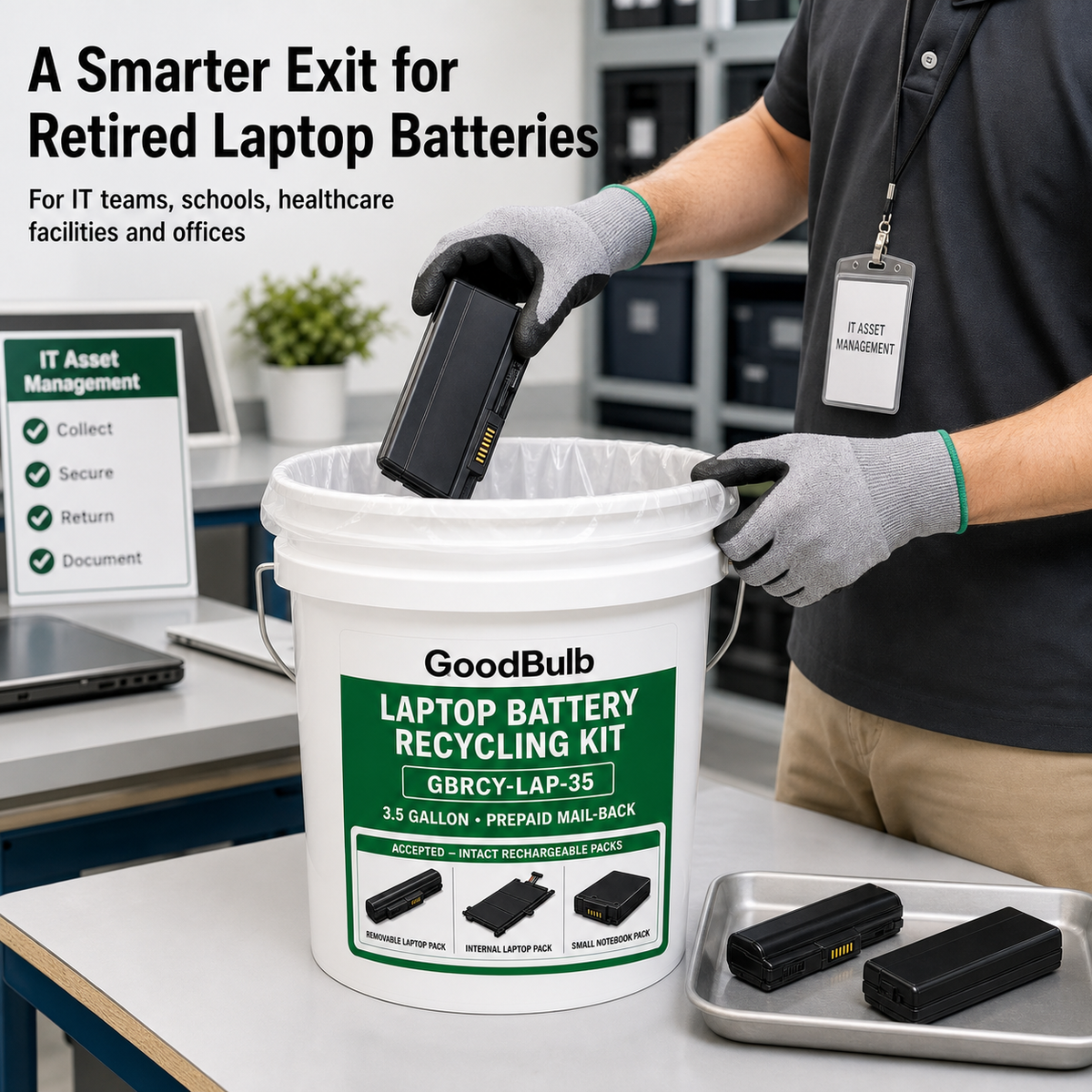 Laptop Battery Kit 3.5-Gallon prepaid mail-back recycling kit, laptop packs · rechargeable, certificate of recycling