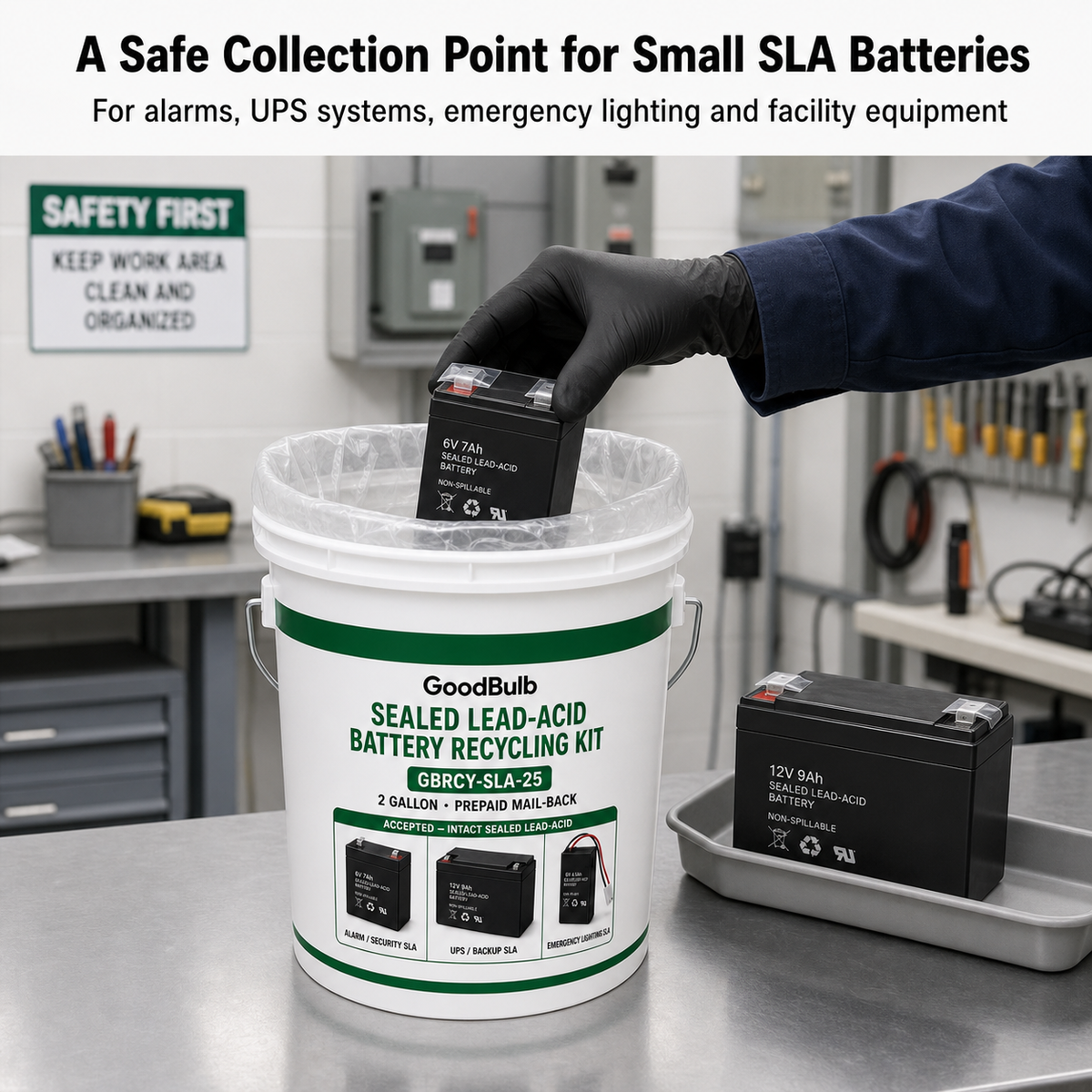 Sealed Lead Acid Kit 2.5-Gallon prepaid mail-back recycling kit, sla · ups · alarm · scooter, certificate of recycling