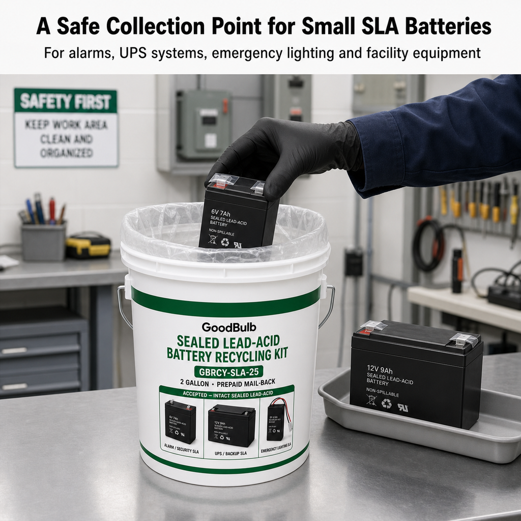 Sealed Lead Acid Kit 2.5-Gallon prepaid mail-back recycling kit, sla · ups · alarm · scooter, certificate of recycling