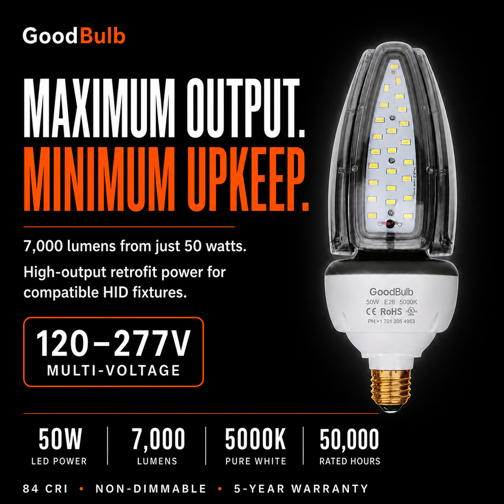 Acorn 50W 300W HID Replacement high output LED bulb, 5000K daylight, E26 / E39 Mogul, 120-277V, HID/halogen replacement