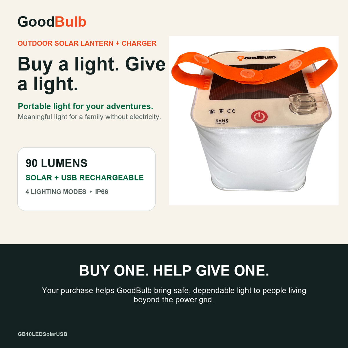 Inflatable solar camping lantern, folds flat, IP66 waterproof, USB phone charging, SOS mode, 90 lumens