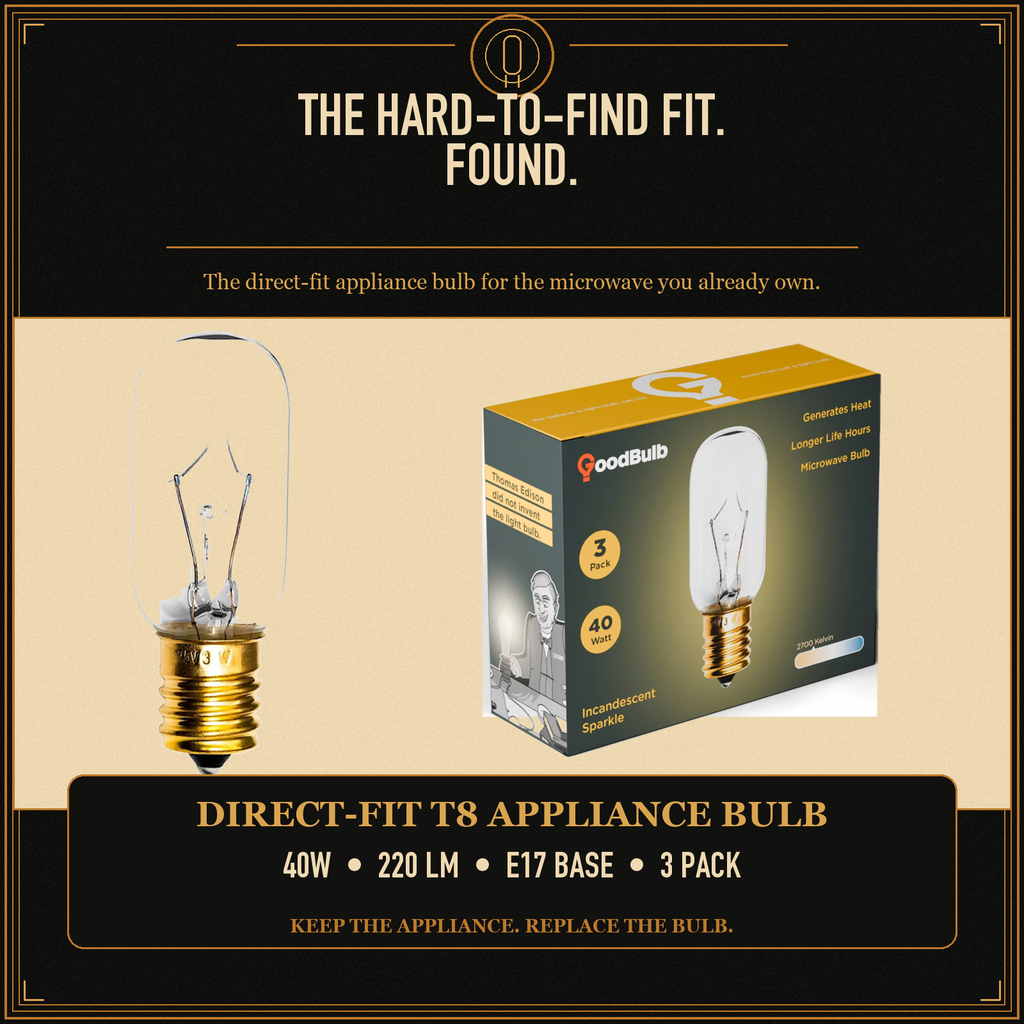 Incandescent Microwave Light Bulb, 40 Watts, T8 Tubular, E17 Brass Intermediate Base, Clear Finish