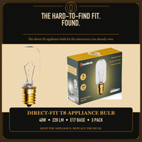 Incandescent Microwave Light Bulb, 40 Watts, T8 Tubular, E17 Brass Intermediate Base, Clear Finish