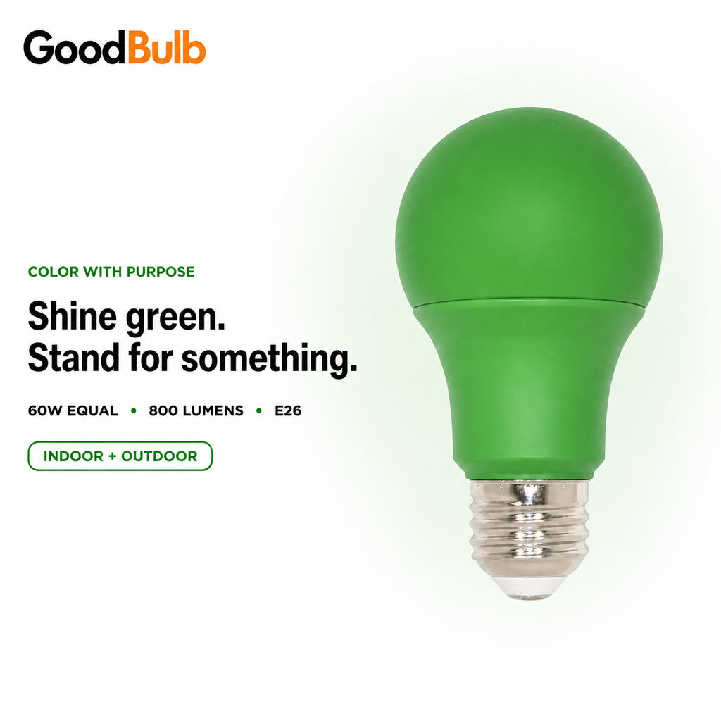 Green 60W Equal colored LED light bulb, A19, E26, 60W equivalent, veterans cause bulb