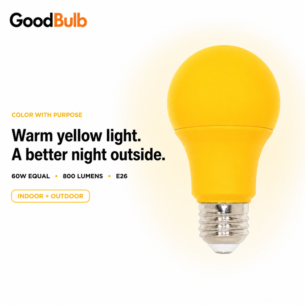 Yellow 60W Equal colored LED light bulb, A19, E26, 60W equivalent, bug light cause bulb