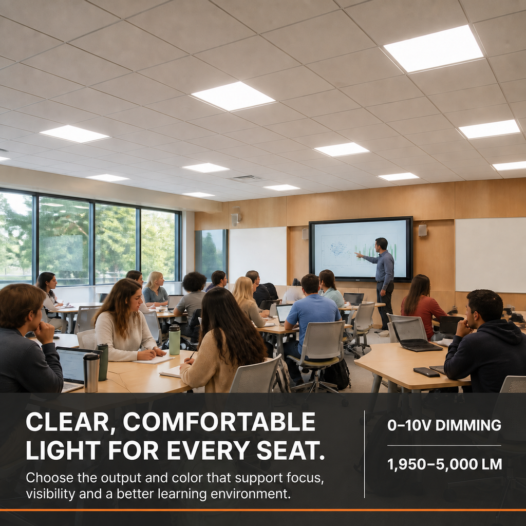 2x2 LED Panel, 5 Wattages, 5 CCT commercial LED fixture, selectable wattage and CCT, 120-277V, DLC 5.1 Premium, utility rebate eligible
