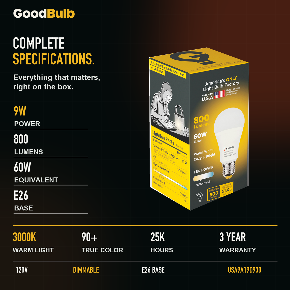 GoodBulb Warm White 3000K A19 LED bulb, made in USA, Fargo North Dakota