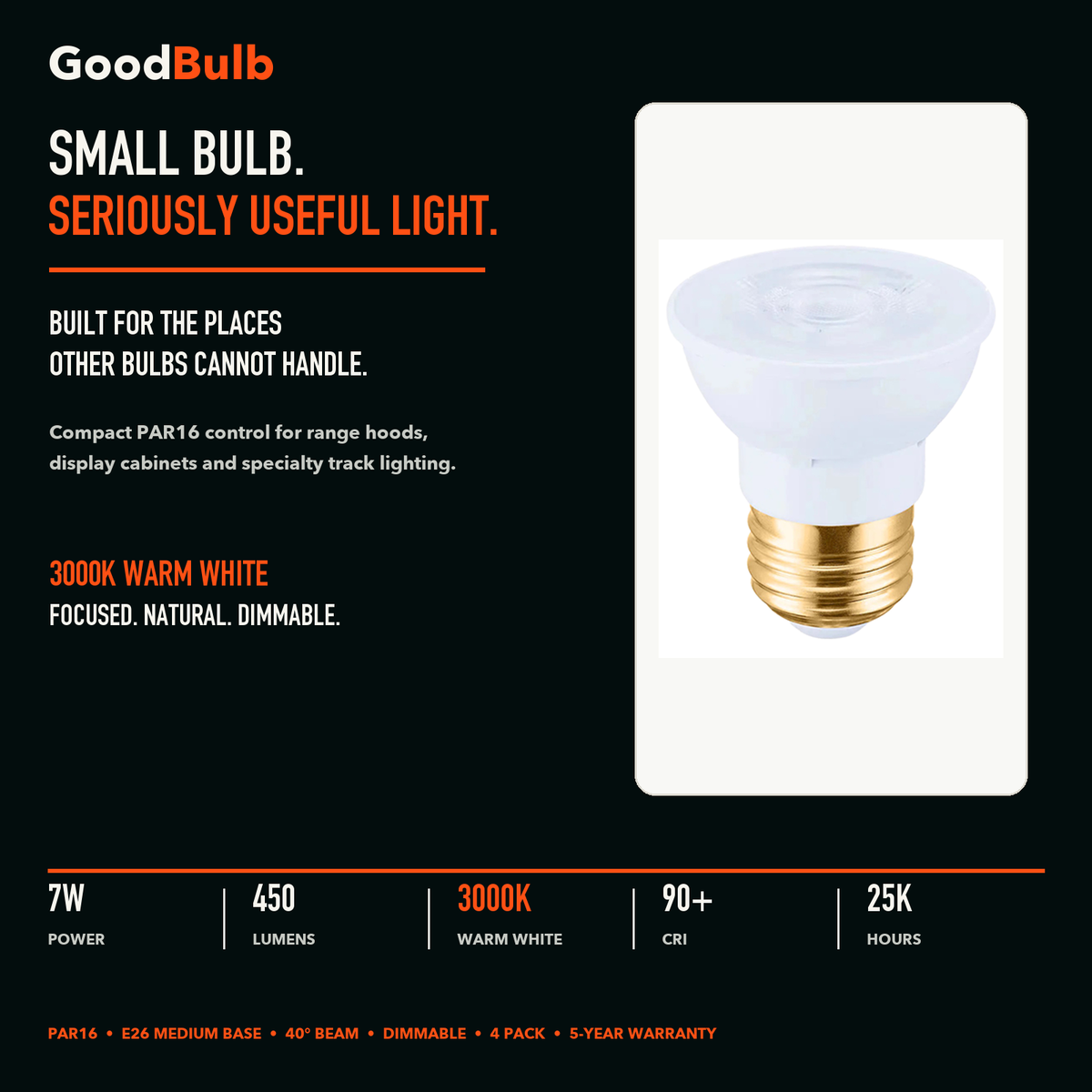 PAR16 3000K Warm White LED PAR bulb, PAR16, 3000K Warm White, 90+ CRI, halogen replacement flood/spot
