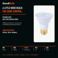 PAR20 3000K Warm White LED PAR bulb, PAR20, 3000K Warm White, 90+ CRI, halogen replacement flood/spot