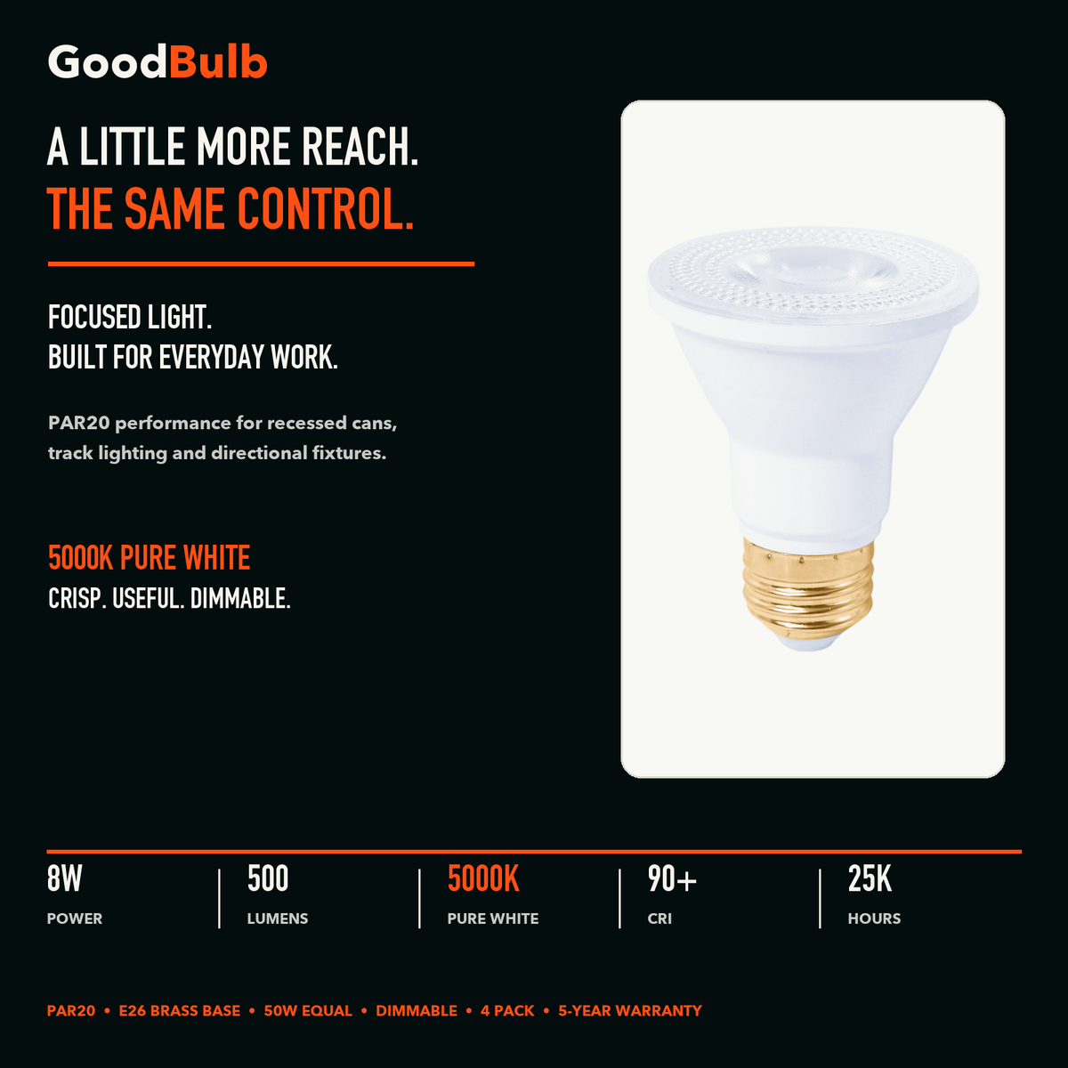PAR20 5000K Daylight LED PAR bulb, PAR20, 5000K Daylight, 90+ CRI, halogen replacement flood/spot