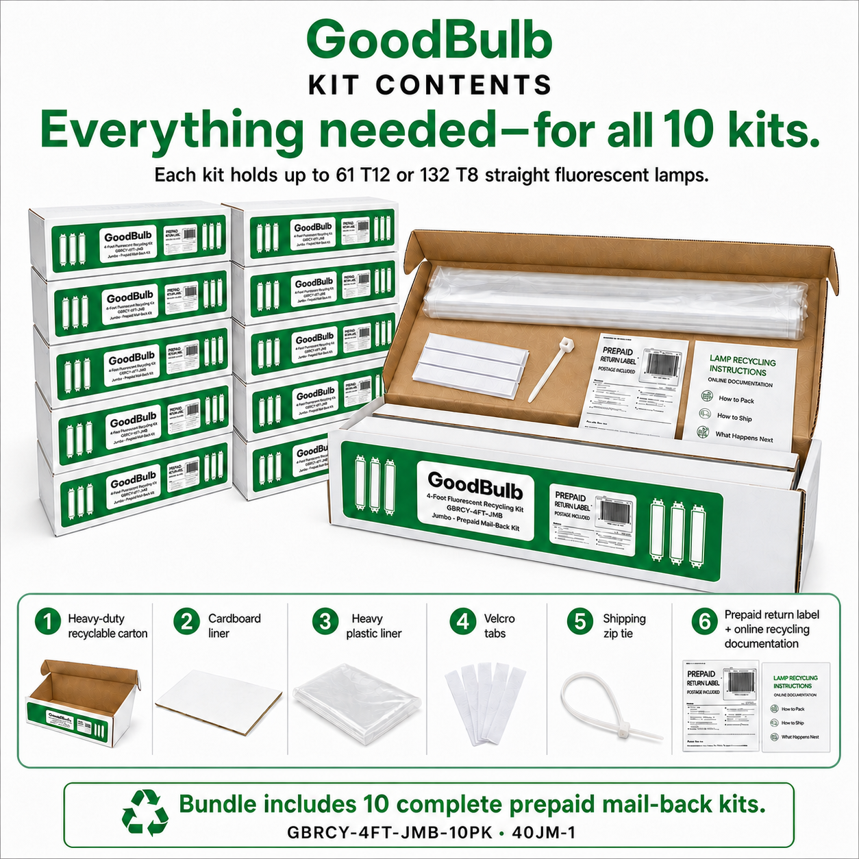 10-Pack 4-Foot Fluorescent Kit Jumbo prepaid mail-back recycling kit, fluorescent · bulk · ten kits, certificate of recycling