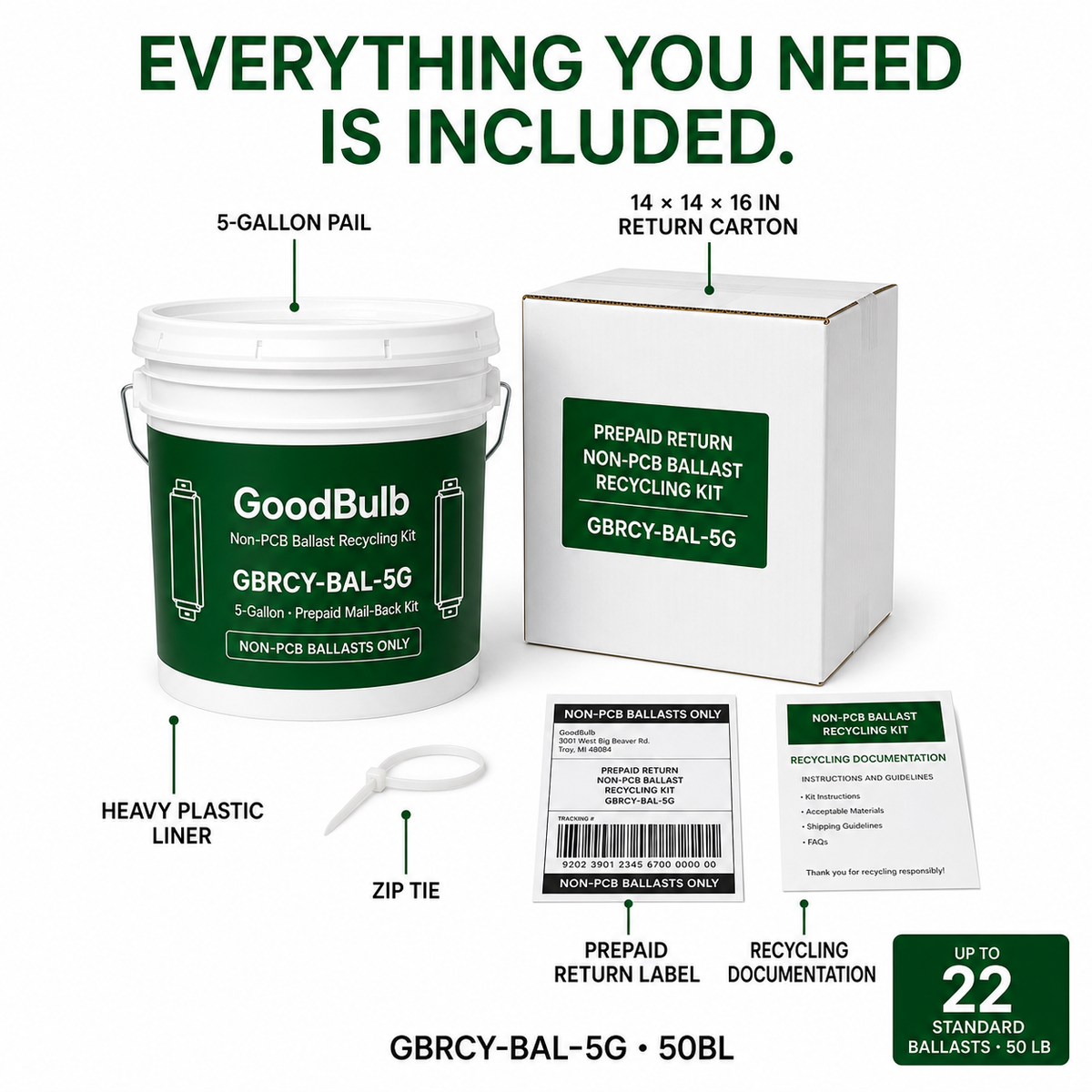 Ballast Kit 5-Gallon, Non-PCB prepaid mail-back recycling kit, non-pcb · magnetic · electronic, certificate of recycling