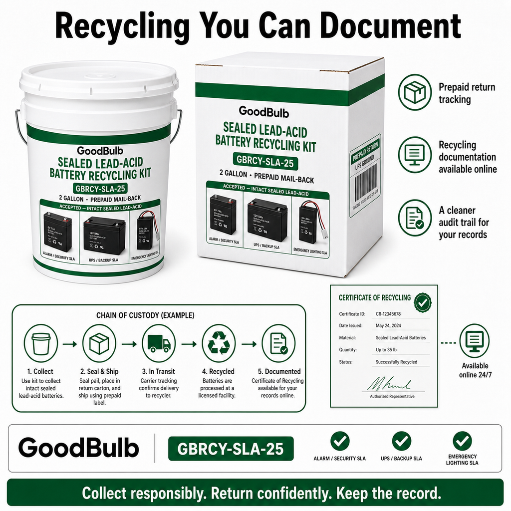 Sealed Lead Acid Kit 2.5-Gallon prepaid mail-back recycling kit, sla · ups · alarm · scooter, certificate of recycling