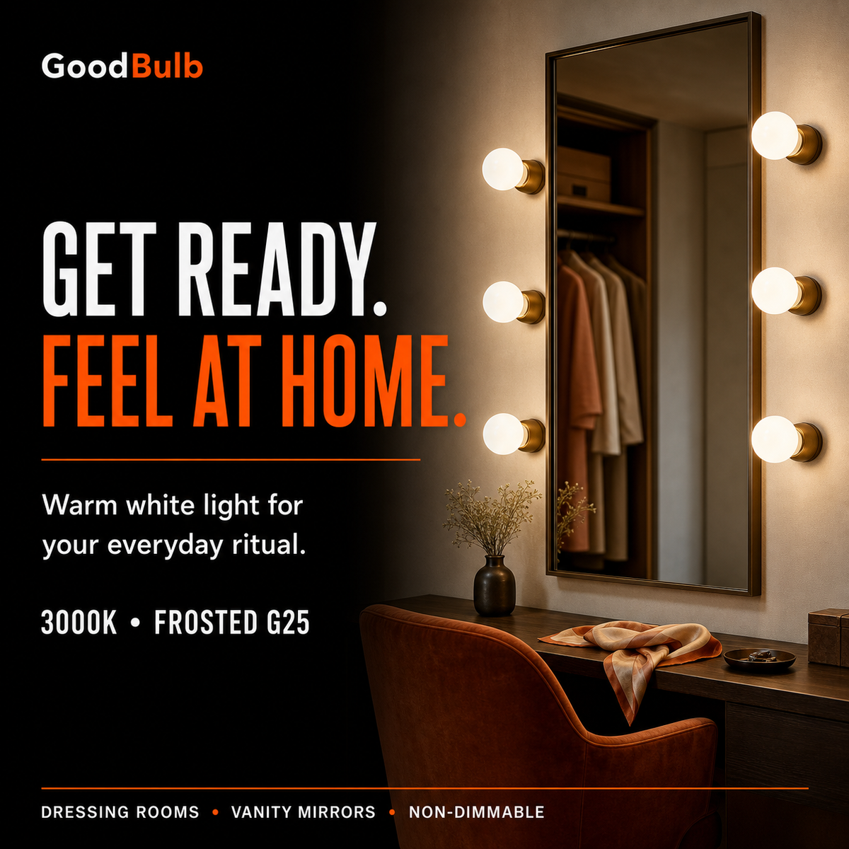 G25 LED vanity globe light bulb, warm white 3000K, 60W equal, E26 base, for bathroom mirror