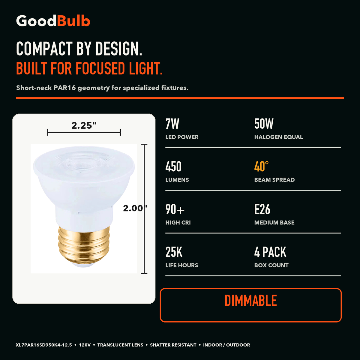 PAR16 5000K Daylight LED PAR bulb, PAR16, 5000K Daylight, 90+ CRI, halogen replacement flood/spot