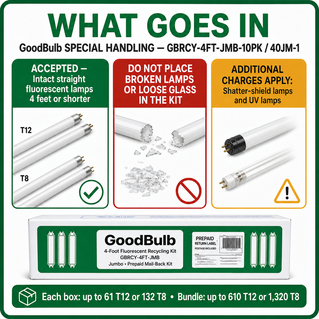 10-Pack 4-Foot Fluorescent Kit Jumbo prepaid mail-back recycling kit, fluorescent · bulk · ten kits, certificate of recycling