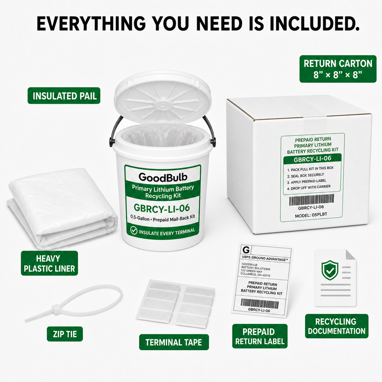Primary Lithium Kit 0.6-Gallon prepaid mail-back recycling kit, primary lithium · non-rechargeable, certificate of recycling