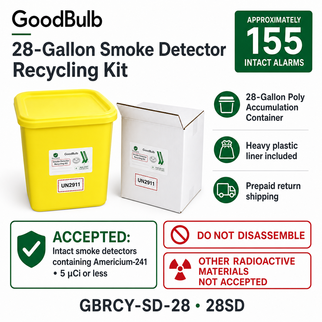 Smoke Detector Kit 28-Gallon prepaid mail-back recycling kit, ionization · americium-241 · high volume, certificate of recycling