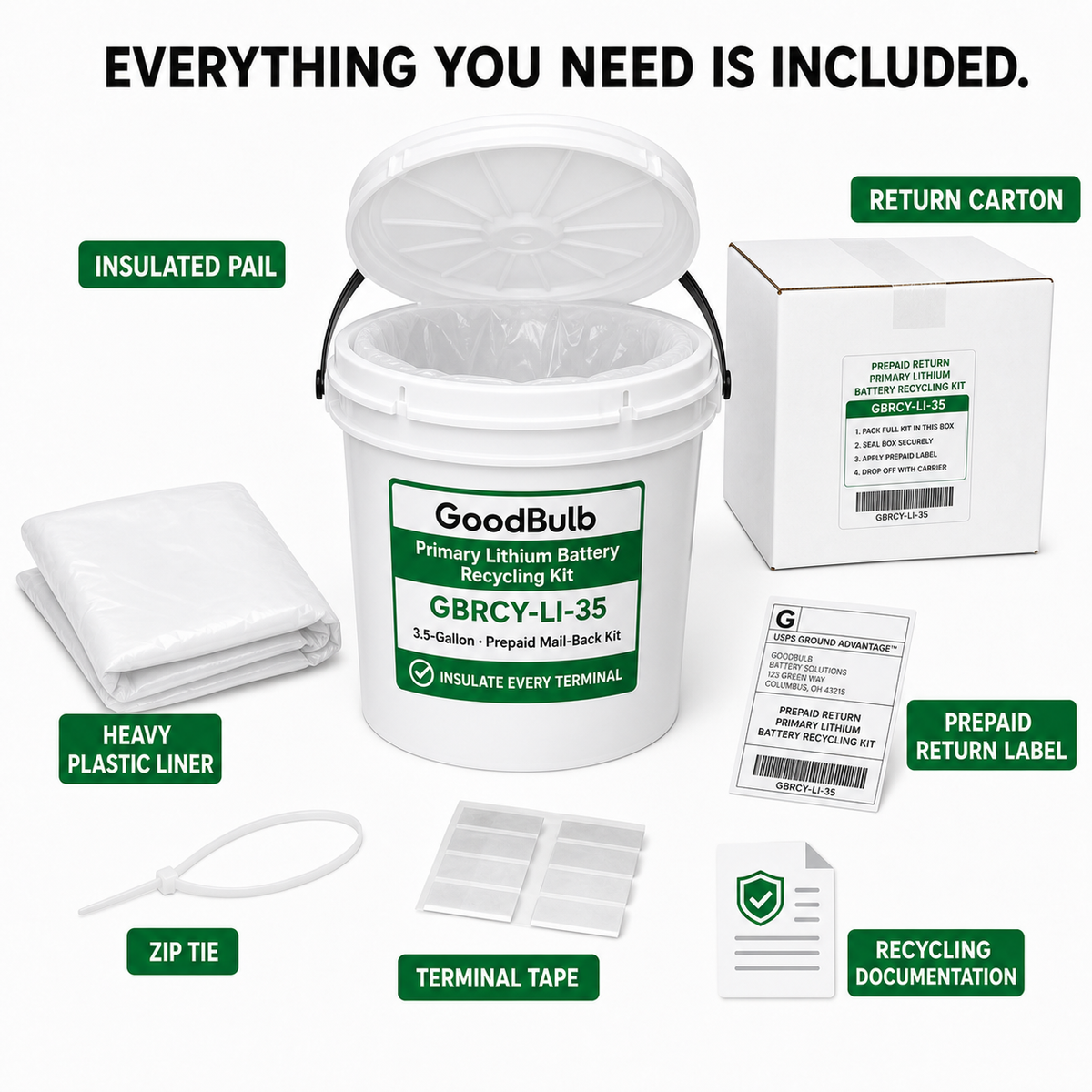 Primary Lithium Kit 3.5-Gallon prepaid mail-back recycling kit, primary lithium · non-rechargeable · un-rated, certificate of recycling