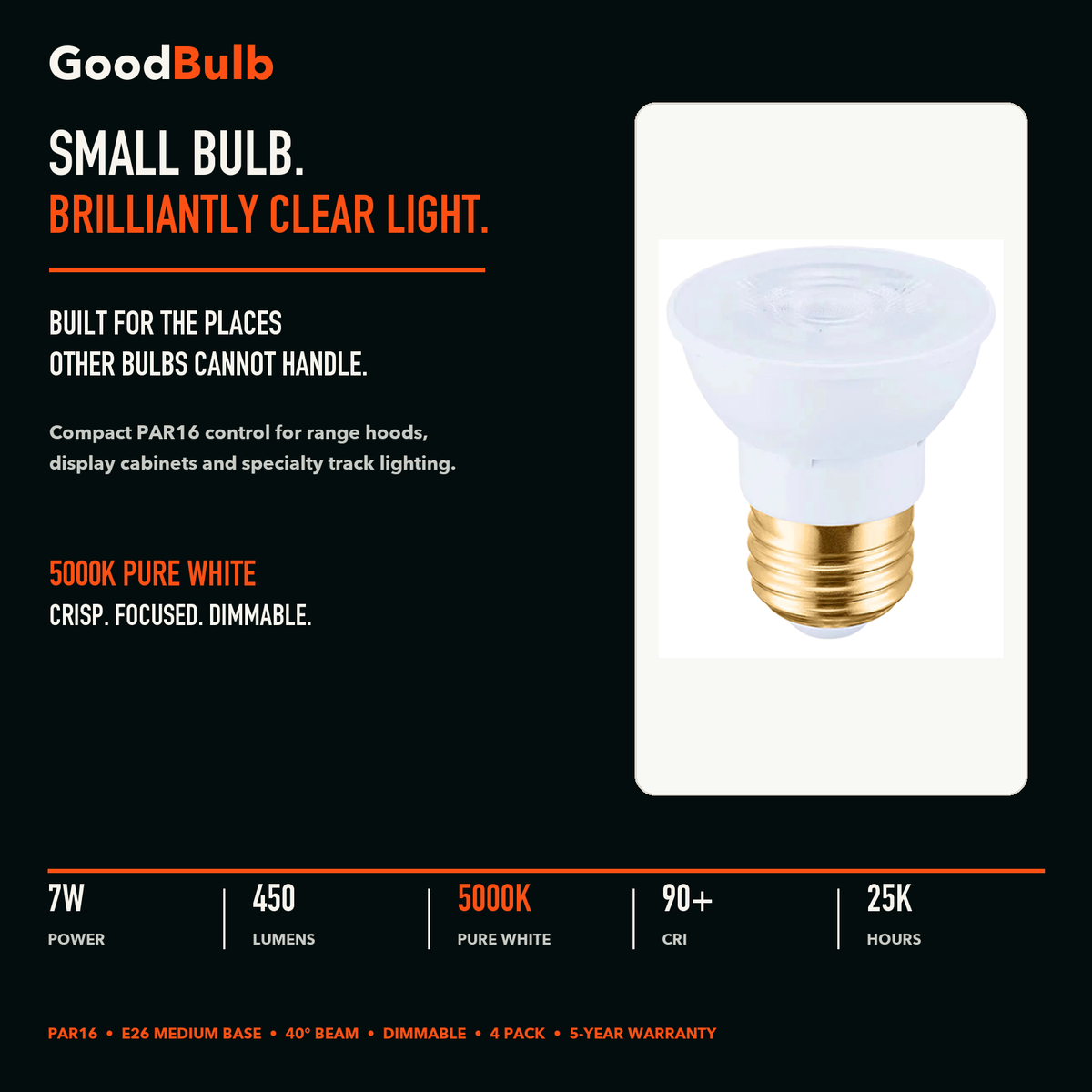 PAR16 5000K Daylight LED PAR bulb, PAR16, 5000K Daylight, 90+ CRI, halogen replacement flood/spot