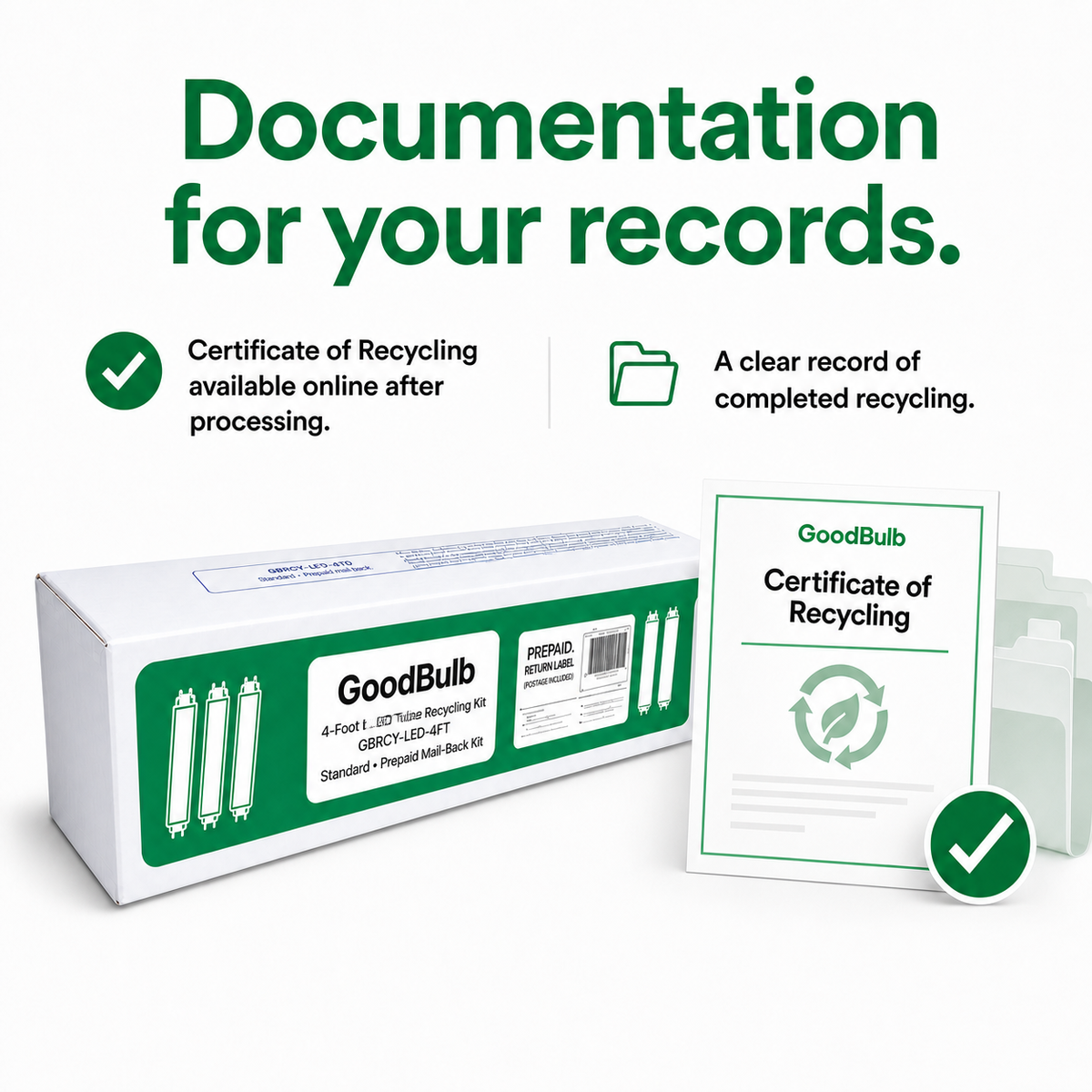 4-Foot LED Kit Standard prepaid mail-back recycling kit, led tubes · 4-foot & shorter · non-hazardous, certificate of recycling