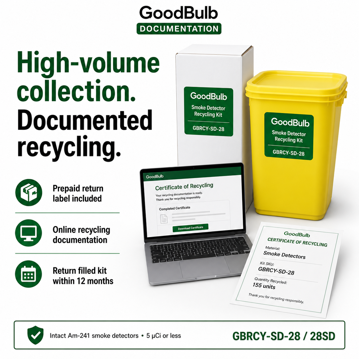 Smoke Detector Kit 28-Gallon prepaid mail-back recycling kit, ionization · americium-241 · high volume, certificate of recycling