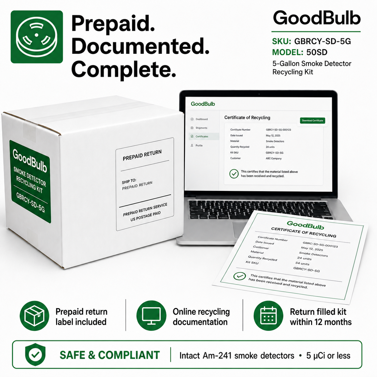 Smoke Detector Kit 5-Gallon prepaid mail-back recycling kit, ionization · americium-241 · bulk, certificate of recycling