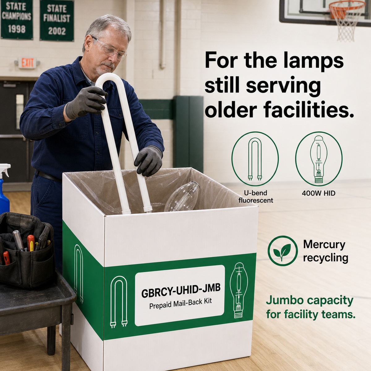 U-Bend & HID Kit 2-Foot Jumbo prepaid mail-back recycling kit, u-bend · hid · high capacity, certificate of recycling