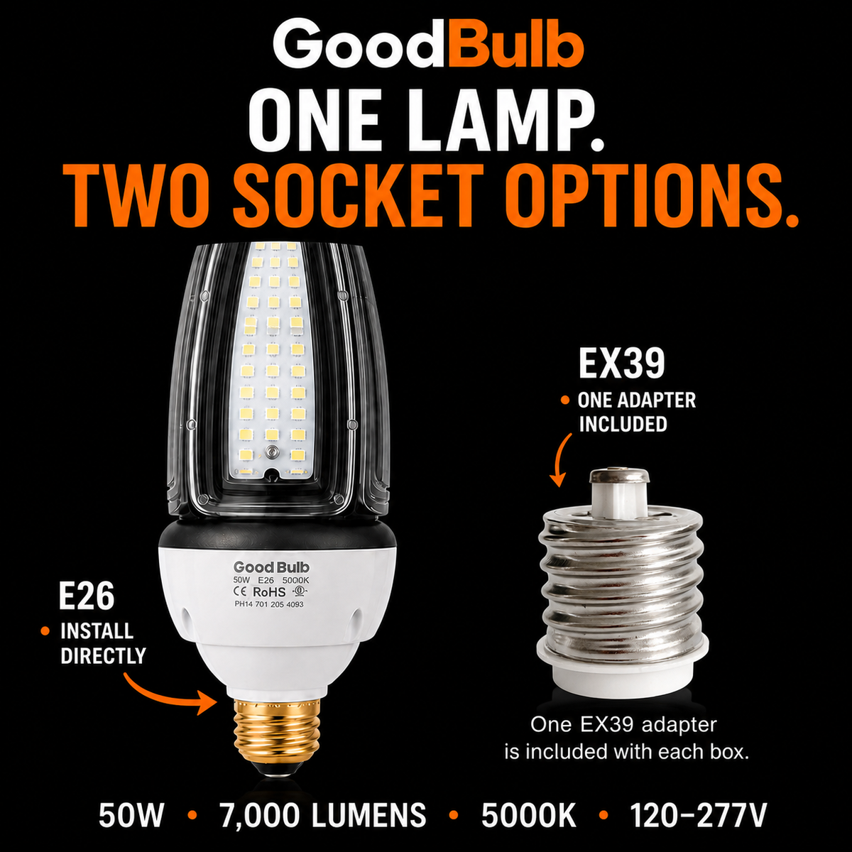 Acorn 50W 300W HID Replacement high output LED bulb, 5000K daylight, E26 / E39 Mogul, 120-277V, HID/halogen replacement