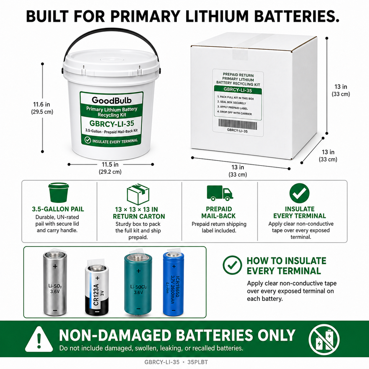 Primary Lithium Kit 3.5-Gallon prepaid mail-back recycling kit, primary lithium · non-rechargeable · un-rated, certificate of recycling