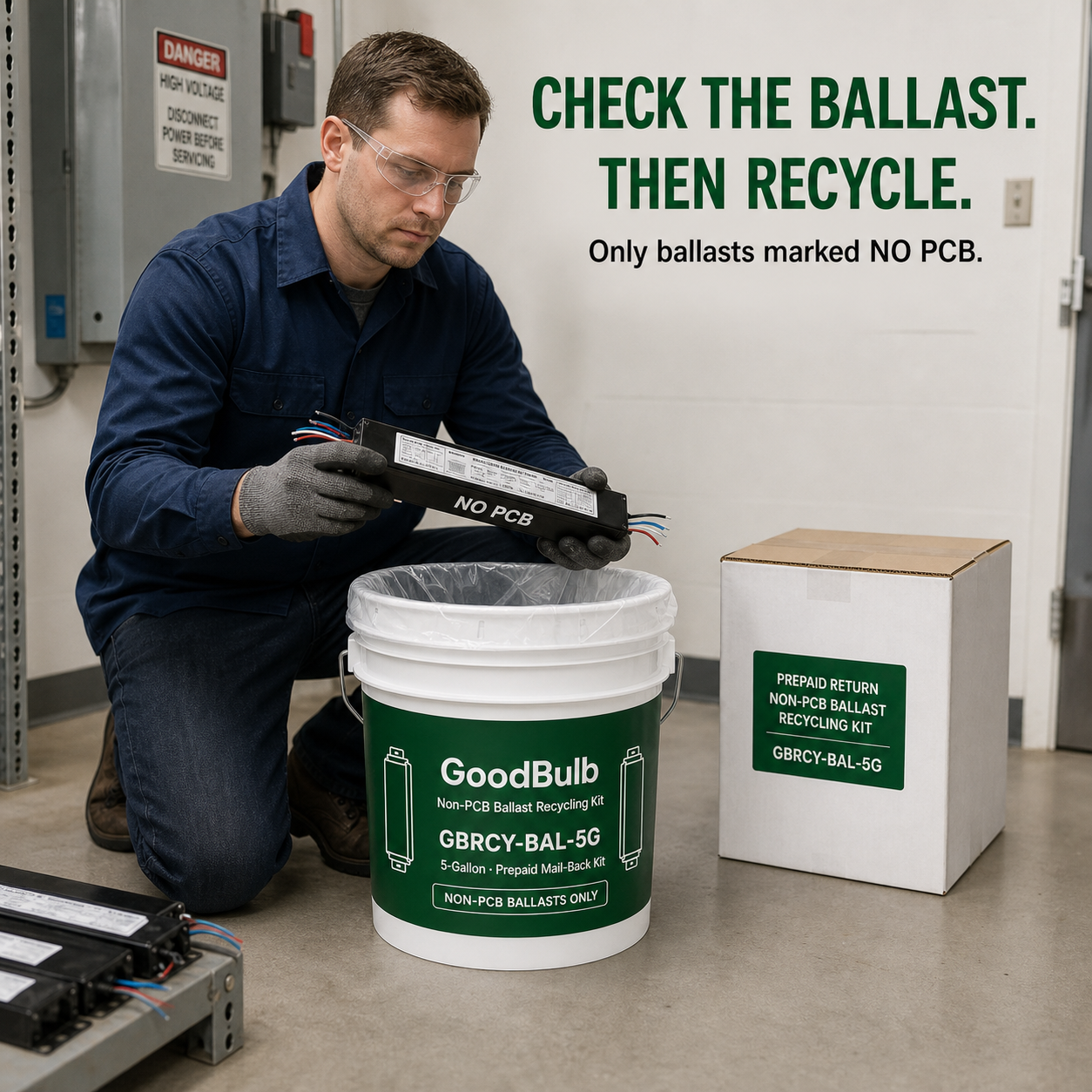 Ballast Kit 5-Gallon, Non-PCB prepaid mail-back recycling kit, non-pcb · magnetic · electronic, certificate of recycling