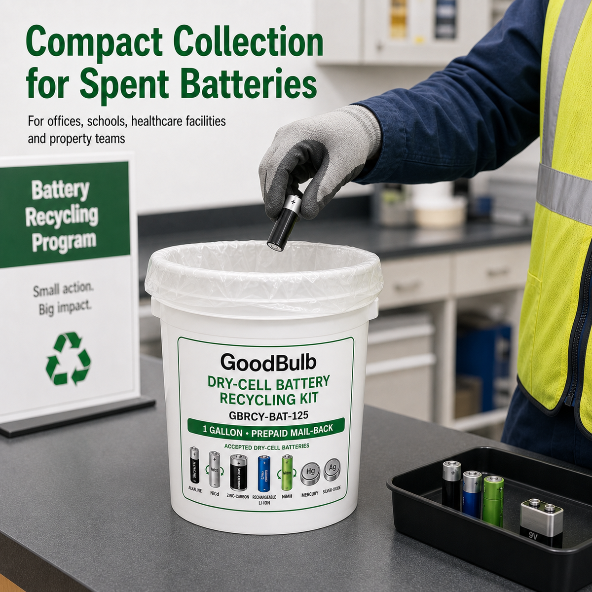 Dry-Cell Battery Kit 1.25-Gallon prepaid mail-back recycling kit, alkaline · nicad · nimh · li-ion, certificate of recycling