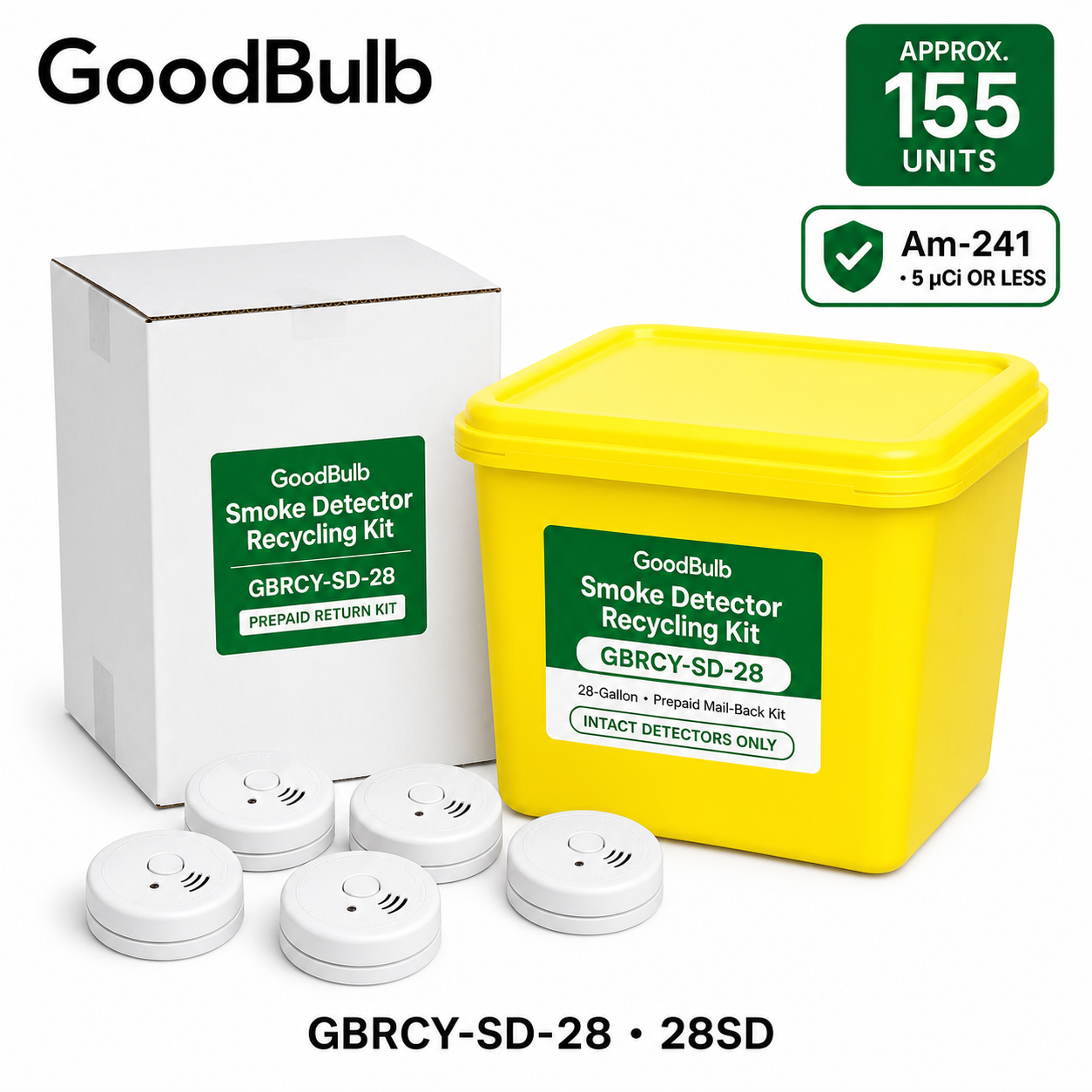 Smoke Detector Kit 28-Gallon prepaid mail-back recycling kit, ionization · americium-241 · high volume, certificate of recycling