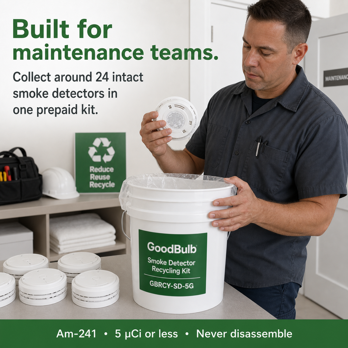 Smoke Detector Kit 5-Gallon prepaid mail-back recycling kit, ionization · americium-241 · bulk, certificate of recycling
