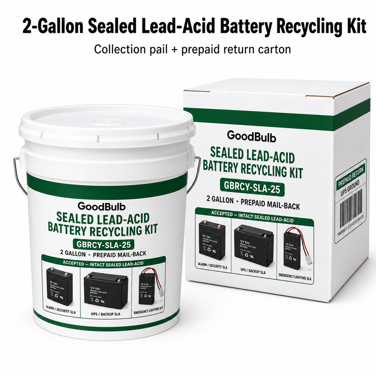 Sealed Lead Acid Kit 2.5-Gallon prepaid mail-back recycling kit, sla · ups · alarm · scooter, certificate of recycling