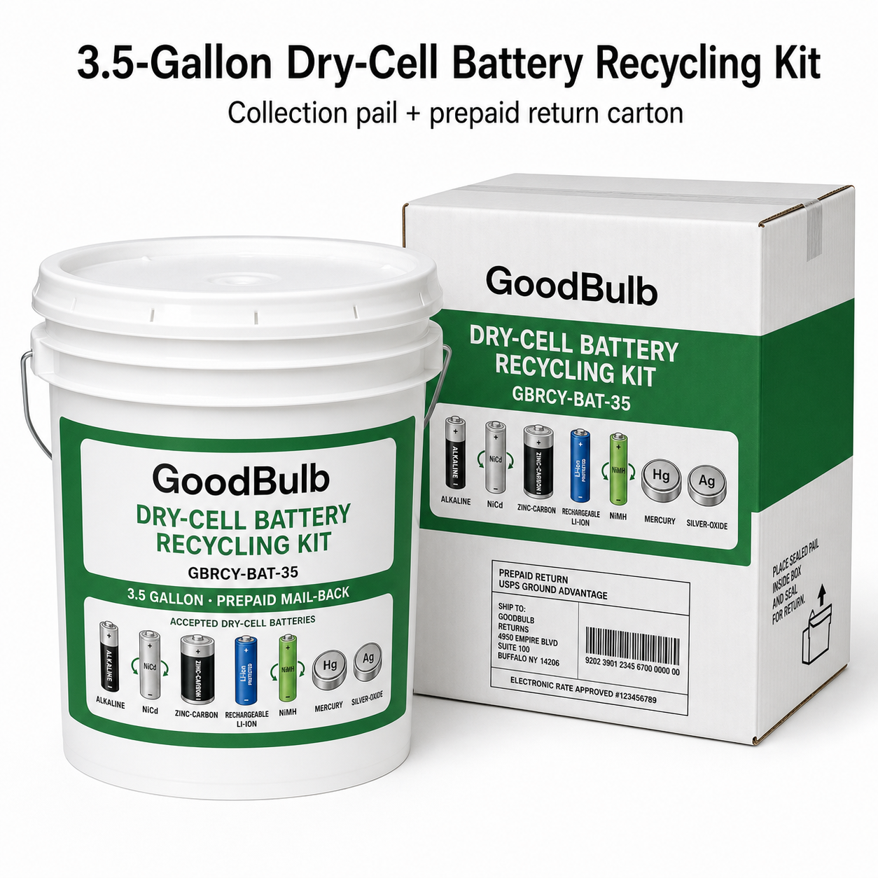 Dry-Cell Battery Kit 3.5-Gallon prepaid mail-back recycling kit, alkaline · nicad · nimh · li-ion, certificate of recycling