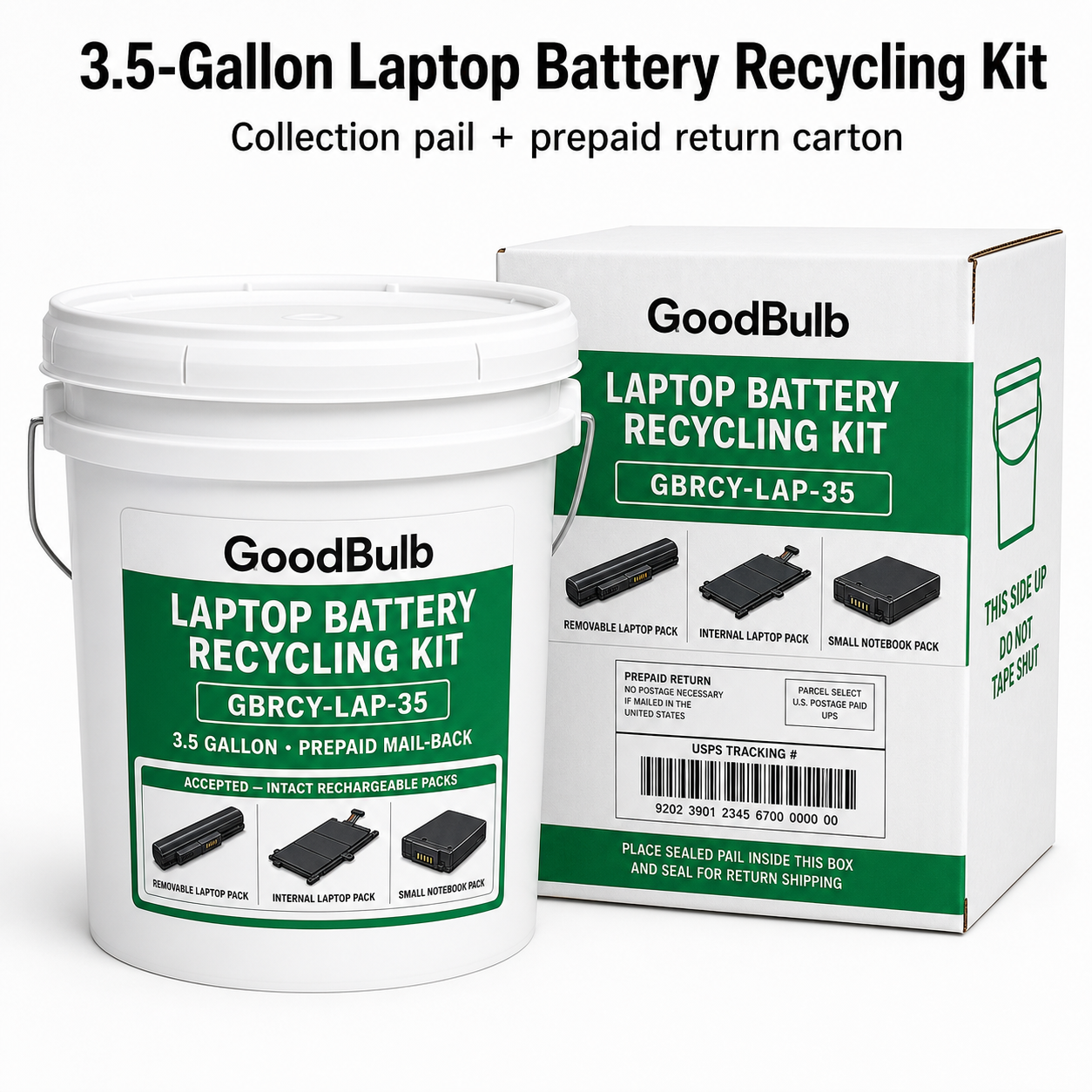 Laptop Battery Kit 3.5-Gallon prepaid mail-back recycling kit, laptop packs · rechargeable, certificate of recycling
