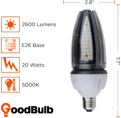 20 Watt acorn LED light bulb specs, 5000 kelvin, E26 base, 2600 lumens.