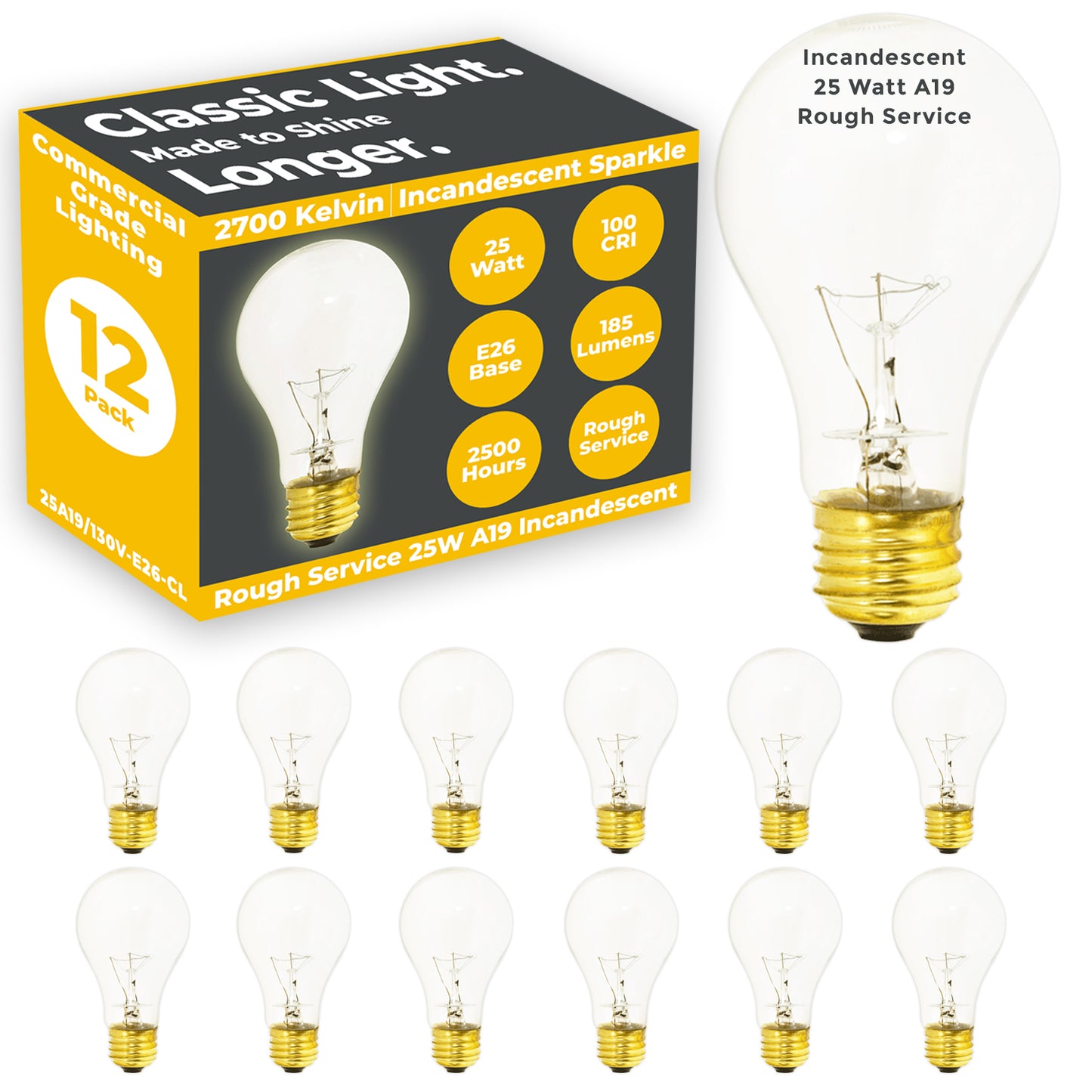 Side view of 25A19/130V-E26-CL 25W clear A19 incandescent bulb with medium E26 screw base