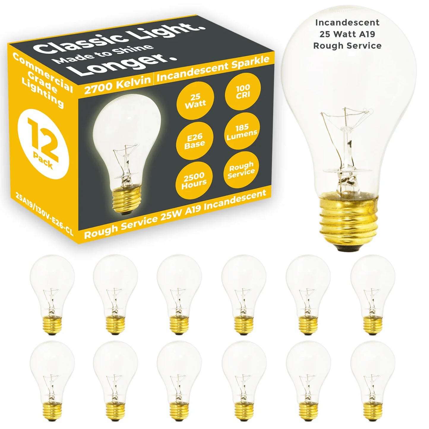 A19 E26 25W Clear Soft White Dimmable Incandescent-Style Bulb – Classic Brass Base, 130V, 100 CRI