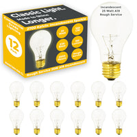 Side view of 25A19/130V-E26-CL 25W clear A19 incandescent bulb with medium E26 screw base