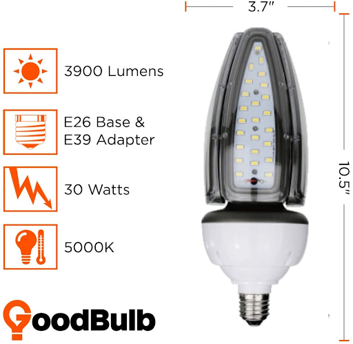 30 Watt acorn LED light bulb specs, 5000 kelvin, E26 base and E39 adapter, 3900 lumens.
