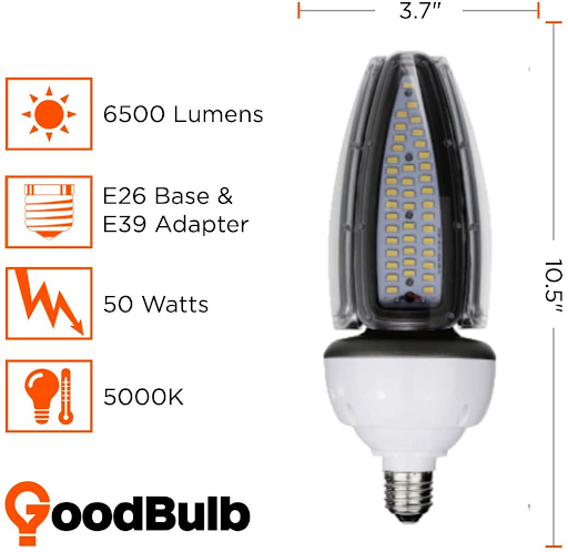 50 Watt acorn LED light bulb specs, 5000 kelvin, E26 base and E39 adapter, high lumens.