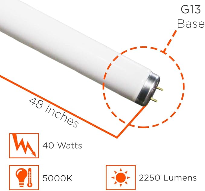 40 Watt 48 Inch T12 Fluorescent Light Bulb - 5000K Pure White Medium Bi-Pin Base - 2600 Lumens - 24,000 Hours - 30 Pack